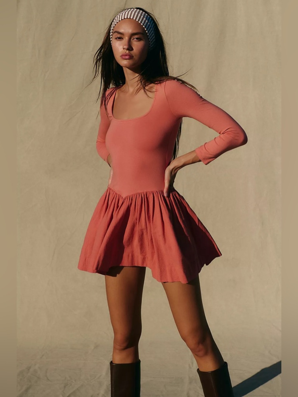 Free People Onda Drop-Waist Long-Sleeve Mini Dress In Red Mango Size Small